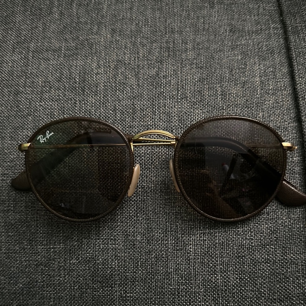 Ray-Ban Brown leather and Gold Round Sunglasses